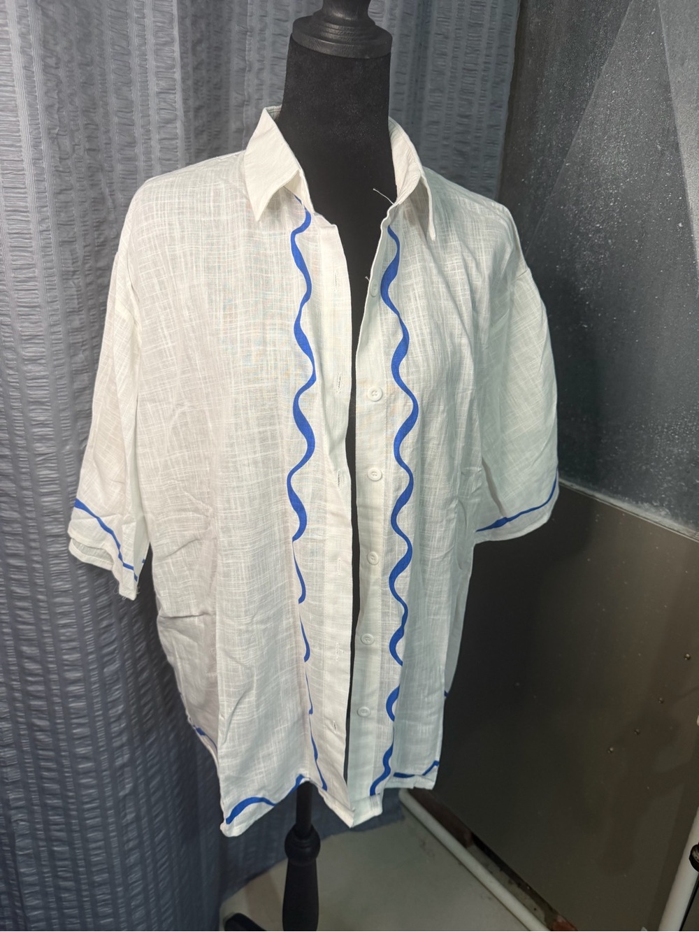 White Short-Sleeve Set with Blue Trim - women